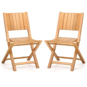 2 Pieces Teak Wood Outdoor Dining Chairs with Slatted Seat